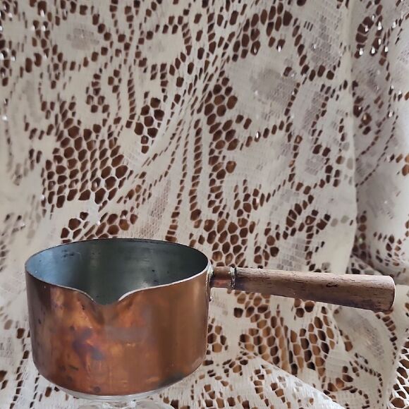 Vintage Petite French Copper Beurre Butter  Pot with Wooden Handle - Picture 1 of 9
